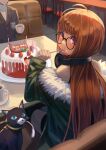  1boy 1girl :t absurdres ahoge amamiya_ren animal birthday birthday_cake booth_seating brown_hair cafe cake candle cat coffee_cup cup disposable_cup eating food fork fruit fur-trimmed_jacket fur_trim glasses hakusyokuto happy_birthday headphones headphones_around_neck highres holding holding_fork jacket long_hair looking_at_viewer looking_back morgana_(persona_5) off_shoulder orange_hair persona persona_5 plate red_eyes sakura_futaba school_uniform shuuchiin_academy_school_uniform sitting solo_focus strawberry table utensil_in_mouth v-shaped_eyebrows 
