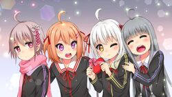  4girls ahoge bangs basashi_tarou black_dress black_hair blue_eyes blue_trim blunt_bangs closed_eyes closed_mouth dress gift gokotai_yoshimitsu gotou_toushirou_(tenka_hyakken) grey_hair hair_ornament hairclip heart highres holding holding_gift long_hair medium_hair midare_toushirou_(tenka_hyakken) multicolored_hair multiple_girls namazuo_toushirou_(tenka_hyakken) open_mouth orange_hair parted_lips purple_hair purple_trim red_ribbon red_trim ribbon sailor_collar scarf short_hair smile tenka_hyakken two-tone_hair v-shaped_eyebrows very_long_hair violet_eyes white_hair yellow_eyes yellow_trim 