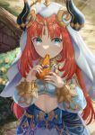  1girl absurdres aqua_eyes cake chinese_commentary commentary_request fake_horns food genshin_impact harem_outfit highres holding holding_cake holding_food horns long_sleeves longgu_(dragonbone0000) looking_at_viewer low_twintails nilou_(genshin_impact) puffy_long_sleeves puffy_sleeves redhead solo twintails upper_body veil 