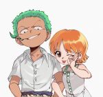  1boy 1girl absurdres aged_down brown_eyes dress dududu green_hair grin highres looking_at_viewer mouth_hold nami_(one_piece) ok_sign one_eye_closed one_piece redhead roronoa_zoro shirt short_hair short_sleeves sleeveless sleeveless_dress smile stalk_in_mouth tongue tongue_out upper_body white_dress white_shirt 