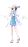  absurdres blue_dress blue_hair delicious_party_precure dress food frills full_body fuwa_kokone green_eyes hat hat_ribbon highres jacket long_sleeves looking_back precure ra_lunch ribbon sandals see-through see-through_jacket shaved_ice short_hair spoon spoon_straw sun_hat white_background white_jacket 