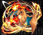  1other ambiguous_gender black_background blue_eyes breathing_fire character_name charizard claws copyright_name fangs fire flame-tipped_tail horns kumano_sakunosuke no_humans open_mouth pokemon pokemon_(creature) signature wings 