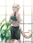  1boy aged_down animal_ears arknights book collared_shirt feet_out_of_frame furry furry_male hinokumo_f holding holding_book male_focus mountain_(arknights) necktie plant shirt short_hair solo standing tiger_boy tiger_ears 