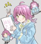  &gt;_&lt; :p =_= ahoge bangs black_thighhighs blue_jacket blunt_bangs blunt_ends blush bow bowtie chibi commentary drawing expressionless grey_skirt hands_up holding holding_marker holding_sketchbook hood hooded_jacket jacket long_sleeves looking_at_viewer love_live! love_live!_nijigasaki_high_school_idol_club lowres marker multiple_girls pink_hair pleated_skirt pottode rina-chan_board shirt short_hair sketchbook skirt tennouji_rina thigh-highs tongue tongue_out upper_body v white_shirt yellow_bow yellow_bowtie yellow_eyes 