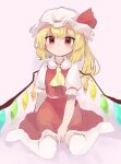  1girl :c ameshi_(rzuw4482) arm_support ascot bangs between_legs blonde_hair blush closed_mouth crystal dot_nose expressionless flandre_scarlet frilled_sleeves frills full_body hand_between_legs hat highres long_hair looking_at_viewer mob_cap no_shoes one_side_up pink_background puffy_short_sleeves puffy_sleeves red_eyes red_skirt red_vest short_sleeves sitting skirt skirt_set solo straight-on thigh-highs touhou vest wariza white_headwear white_thighhighs wings yellow_ascot zettai_ryouiki 