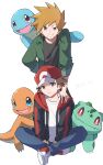  2boys absurdres bangs baseball_cap blue_oak brown_eyes brown_hair bulbasaur charmander closed_mouth commentary grin hand_on_another&#039;s_shoulder hat highres hood hood_down hoodie jayj_824 leaning_forward looking_at_viewer male_focus multiple_boys open_clothes open_hoodie pants pokemon pokemon_(creature) pokemon_(game) pokemon_frlg red_(pokemon) red_headwear shirt shoes short_hair sitting smile sneakers spiky_hair squirtle starter_pokemon_trio symbol-only_commentary teeth white_shirt 