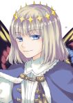  1boy bangs blonde_hair blue_cape blue_eyes butterfly_wings cape commentary_request crown fate/grand_order fate_(series) lo_lis male_focus medium_hair oberon_(fate) portrait signature smile solo wings 