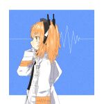  1girl a.i._voice absurdres adachi_rei arm_at_side bangs belt black_shirt blue_background border from_side frown gloves hair_ribbon hand_up headset highres hood hood_down hooded_jacket jacket light_blush long_sleeves looking_ahead medium_hair microphone open_clothes open_jacket orange_eyes orange_hair outside_border paper_texture profile radio_antenna ribbon serious shirt side_ponytail solo sound_wave subaru_namisaki thick_eyebrows turtleneck upper_body utau white_border white_gloves white_jacket white_ribbon 
