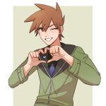  1boy alternate_costume blue_oak brown_eyes brown_hair fingernails heart heart_hands jacket looking_at_viewer male_focus one_eye_closed pokemon pokemon_(game) pokemon_frlg smile solo spiky_hair submashell teeth upper_body 