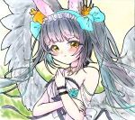  1girl :t angel_wings animal_ear_fluff animal_ears azur_lane bangs bare_shoulders black_hair blue_bow blush bow closed_mouth crossed_arms crown dress evening_gown feathered_wings flower fox_ears hair_bow hair_ornament hairband hand_on_own_arm hand_on_own_shoulder hand_up jewelry long_hair looking_at_viewer marker_(medium) mini_crown nagato_(azur_lane) nagato_(guardian_fox&#039;s_procession)_(azur_lane) necklace official_alternate_costume pout ribbon shiminy solo strapless strapless_dress traditional_media twintails upper_body white_dress white_wings wings yellow_eyes 
