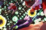  3girls :d ascot back_bow bangs bat_wings battle black_hair blonde_hair bow calpis118 commentary commission crystal danmaku detached_sleeves dress dutch_angle energy_ball excited fighting_stance flandre_scarlet flying frilled_dress frills from_behind full_body hair_bow hakurei_reimu hat hat_bow highres japanese_clothes kirisame_marisa laevatein_(touhou) long_hair long_sleeves looking_at_another medium_hair miko mob_cap multicolored_wings multiple_girls open_hand open_mouth outstretched_arm puffy_short_sleeves puffy_sleeves rainbow_order red_bow red_dress red_eyes red_footwear red_shirt shirt short_sleeves skeb_commission smile socks spell_card teeth touhou upper_teeth_only white_bow white_shirt white_socks wide_sleeves wings witch_hat yellow_ascot 