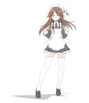  1girl alternate_costume apron arashio_(kancolle) black_dress black_necktie brown_eyes brown_hair collared_shirt dress enmaided frilled_apron frilled_dress frills full_body highres holding holding_tray kantai_collection long_hair long_sleeves maid maid_apron maid_headdress necktie puffy_long_sleeves puffy_sleeves shadow shirt simple_background solo tada thigh-highs tray white_apron white_background white_thighhighs 