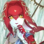 1girl bangs colored_skin fins fish_girl fuku_(pkseichan) hair_ornament hand_up highres jewelry long_hair looking_at_viewer mipha monster_girl multicolored_skin necklace no_eyebrows pointy_ears red_lips red_skin redhead smile solo the_legend_of_zelda the_legend_of_zelda:_breath_of_the_wild two-tone_skin yellow_eyes zora 