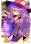  1girl bangs blurry blurry_background blush border breasts brown_eyes closed_mouth collarbone commentary_request commission depth_of_field dress glasses hair_over_one_eye hat kou_hiyoyo long_sleeves looking_at_viewer magic medium_breasts original pink_hair purple_dress purple_headwear skeb_commission smile solo wide_sleeves witch_hat 