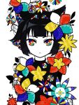  1girl abstract animal_ears bangs black_hair black_shirt bright_pupils cat_ears cat_girl closed_mouth colored_inner_hair colored_skin flower halftone highres looking_at_viewer multicolored_eyes multicolored_flower multicolored_hair no_nose original shirt short_hair simple_background solo straight-on turtleneck upper_body white_background white_pupils white_skin wokichi 
