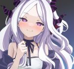  1girl ahoge alternate_costume bangs blue_archive blush bow_choker choker commentary_request demon_girl demon_horns forehead hina_(blue_archive) horns long_hair looking_at_viewer parted_bangs ponytail ribbon_choker sidelocks simple_background sleeveless smile solo violet_eyes white_hair yucblossom 