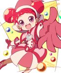  1girl bamboo_grass blush boots character_name copyright_name double_bun dress earrings foreshortening gloves hair_bun harukaze_doremi hat jewelry magical_girl ojamajo_doremi open_mouth pink_dress pink_footwear pink_headwear reaching_towards_viewer short_hair solo violet_eyes witch_hat 