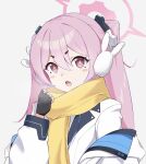 +_+ 1girl black_gloves blue_archive bunny_earmuffs earmuffs fang fingerless_gloves formal gloves grey_background halo highres jacket koyuki_(blue_archive) looking_at_viewer open_mouth pink_eyes pink_hair rabbit_earmuffs sanz_zzz scarf short_eyebrows simple_background skin_fang solo suit twintails white_jacket white_suit yellow_scarf