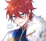  1boy amagi_rinne blue_eyes blue_kimono blush clothing_request ear_piercing ensemble_stars! fur_trim highres japanese_clothes kimono looking_at_viewer male_focus open_mouth piercing redhead short_hair smile solo sushi_171 