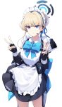  1girl apron bangs black_gloves blonde_hair blue_archive blue_bow blue_bowtie blue_eyes blue_ribbon bow bowtie braid bun_cover chest_harness ddangbi double_v earpiece elbow_gloves fingerless_gloves frilled_apron frills gloves hair_bun hair_ribbon halo harness highres looking_at_viewer maid maid_headdress ribbon short_hair simple_background solo thigh_strap toki_(blue_archive) v white_apron 
