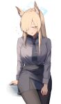  1girl 360_(taiyo360) absurdres animal_ears black_pantyhose blonde_hair blue_archive blush breasts flying_sweatdrops hair_over_one_eye halo highres kanna_(blue_archive) looking_at_viewer necktie pantyhose pencil_skirt simple_background skirt solo violet_eyes white_background 