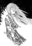  +_+ 1girl axe black_background burning fire greyscale hair_between_eyes hair_strand highres holding holding_axe kilsturgeon long_hair looking_at_viewer monochrome original smile very_long_hair 