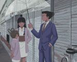  1boy 23011620x 2girls ace_attorney arms_behind_back bangs bicycle black_hair blue_jacket blue_pants blunt_bangs brown_hair closed_mouth collared_shirt formal ground_vehicle hair_ornament hair_rings hand_in_pocket hanten_(clothes) holding holding_umbrella jacket japanese_clothes jewelry kimono long_hair long_sleeves looking_at_another magatama maya_fey multiple_girls necklace necktie obi outdoors pants parted_bangs pearl_fey phoenix_wright purple_jacket red_necktie sash shirt short_hair short_kimono sidelocks spiky_hair standing suit umbrella white_shirt 