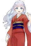  1girl :d bangs blue_eyes blunt_bangs character_request copyright_request cowboy_shot grey_hair hand_up highres japanese_clothes kimono long_hair long_sleeves obi red_kimono sash satou_usuzuku simple_background smile solo teeth upper_teeth_only white_background wide_sleeves 
