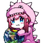 1girl bangs blue_eyes bocchi_the_rock! chewing dinosaur_costume dinosaur_hood downvote earth_(planet) gotou_hitori highres long_hair looking_at_viewer pink_hair pixel_art planet simple_background solo white_background