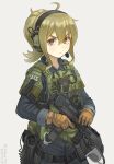 1girl ahoge blonde_hair blue_jacket blue_pants brown_gloves closed_mouth commentary_request cuffs dated eotech gloves gun hair_between_eyes handcuffs handgun headset helmet highres holding holding_gun holding_weapon holstered_weapon jacket light_frown load_bearing_vest looking_at_viewer mac-10 magazine_(weapon) mifune_(_mifune_707) original pants police police_uniform policewoman short_hair sidelocks simple_background solo submachine_gun tactical_clothes trigger_discipline twitter_username uniform v-shaped_eyebrows walkie-talkie weapon white_background yellow_eyes