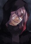  1boy bandaged_head bandages black_background black_hood commentary_request fangs grey_hair highres lo_lis male_focus open_mouth portrait red_eyes signature smile solo tohno_shiki_(2) tsukihime turtleneck 