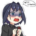  1girl artist_name black_shirt blue_eyes blue_hair casual commentary english_commentary english_text food fruit hair_intakes highres holding holding_food holding_fruit hololive hololive_english kata_isaki open_mouth ouro_kronii scared shaded_face shirt signature simple_background solo trembling virtual_youtuber white_background 