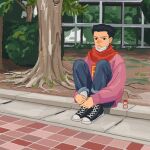  1boy 23011620x ace_attorney black_hair blue_pants bush day denim full_body highres hugging_own_legs jeans long_sleeves male_focus mask mouth_mask open_mouth outdoors pants pavement phoenix_wright scarf shoes short_hair sitting sneakers solo spiky_hair surgical_mask tree 