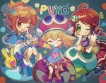  3girls 4others amitie_(puyopuyo) andou_ringo arle_nadja black_thighhighs blonde_hair blue_cape blue_footwear blue_skirt blush brown_hair cape carbuncle_(puyopuyo) closed_eyes drill_hair green_eyes hat heart long_sleeves looking_at_another looking_at_viewer multiple_girls multiple_others one_eye_closed ponytail puyo_(puyopuyo) puyopuyo red_skirt redhead school_uniform short_hair shorts sitting skirt thigh-highs user_hguh3744 winged_hat yellow_eyes 