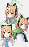  1girl animal_ear_headphones animal_ears aqua_bow blonde_hair blue_archive blue_necktie blush bow cat_ear_headphones closed_mouth collared_shirt commentary_request dogten5 fake_animal_ears green_eyes grimace hair_bow halo headphones highres hood hooded_jacket jacket long_sleeves looking_at_viewer midori_(blue_archive) multiple_views necktie parted_lips shirt short_hair simple_background tearing_up upper_body white_background white_shirt 