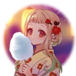 blonde_hair blurry blurry_background blush closed_mouth cotton_candy floral_print flower food green_hair hair_bun hair_flower hair_ornament holding holding_food japanese_clothes jm_hongmigao kimono looking_at_viewer multicolored_hair original portrait red_eyes red_sash sash short_bangs staring sunset two-tone_hair yin_yang 