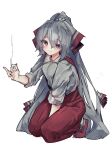  1girl bangs between_legs bow cigarette closed_mouth collared_shirt commentary_request flower fujiwara_no_mokou full_body grey_bow grey_hair grey_shirt hair_flower hair_ornament hand_between_legs hand_up highres holding holding_cigarette kneeling long_hair looking_at_viewer pants ponytail red_bow red_eyes red_footwear red_pants shirt simple_background sleeves_rolled_up smoke solo split_mouth suspenders touhou two-tone_bow very_long_hair vivo_(vivo_sun_0222) white_background 