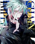  1boy black_jacket black_shirt blue_background blue_hair highres idolish7 isumi_haruka jacket jewelry light_blue_hair long_sleeves looking_at_viewer male_focus multicolored_background myamma ring shirt short_hair solo tongue tongue_out white_background yellow_eyes 