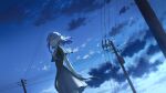  1girl anyotete blue_eyes blue_hair blue_sky brooch butterfly_hair_ornament ciel_(kamitsubaki_studio) clouds cowboy_shot dress expressionless floating_hair hair_ornament highres jewelry kamitsubaki_studio looking_at_viewer medium_hair outdoors power_lines short_sleeves sky solo transformer utility_pole virtual_youtuber wind 