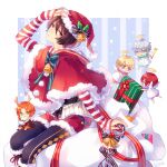  5boys angel angel_wings antlers arm_up artist_name bangs bell black_corset black_hair black_pantyhose black_ribbon blonde_hair blue_background blue_eyes border bow bowtie box buttons candy candy_cane capelet christmas closed_mouth commentary_request corset deer_tail ensemble_stars! food fur-trimmed_capelet fur-trimmed_headwear fur-trimmed_shorts fur_trim gift gift_box green_bow green_bowtie green_eyes grey_hair hair_between_eyes halo hat hat_ornament holding holding_paper holly kina_(446964) knights_(ensemble_stars!) leaf long_sleeves looking_at_viewer male_focus miniboy multiple_boys narukami_arashi neck_bell open_mouth orange_hair outside_border pantyhose paper parted_bangs parted_lips pom_pom_(clothes) red_capelet red_eyes red_headwear red_shorts redhead reindeer_antlers ribbon sack sakuma_ritsu santa_costume santa_hat sena_izumi_(ensemble_stars!) short_hair shorts sidelocks simple_background sitting sleeves_past_wrists smile striped striped_background suou_tsukasa swept_bangs tail tsukinaga_leo v-shaped_eyebrows violet_eyes white_border white_wings wings 