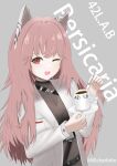  1girl ;d animal_ears black_sweater cat_ears character_name coat coffee_mug cup girls&#039;_frontline_neural_cloud girls_frontline highres holding holding_plate holding_spoon looking_at_viewer mug nxcharlotte one_eye_closed open_mouth persica_(girls&#039;_frontline) persicaria_(girls&#039;_frontline_nc) pink_hair plate ribbed_sweater smile spoon sweater twitter_username upper_body white_coat 