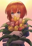  1girl absurdres bangs bouquet covering_mouth dress flower highres holding holding_bouquet holding_flower looking_away looking_to_the_side orange_hair original short_hair short_sleeves solo tsumurimai tulip violet_eyes 