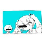  1boy 1girl anonymous_m_(vocaloid) aqua_background arufa_faru bangs censored chibi closed_mouth collared_shirt commentary cs_voca greyscale_with_colored_background hand_up hatsune_miku identity_censor long_hair lowres necktie shirt simple_background twintails vocaloid wing_collar 
