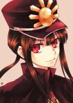  1boy black_cape black_hair cape commentary_request family_crest fate/grand_order fate_(series) hat lo_lis male_focus oda_nobunaga_(fate) oda_uri peaked_cap portrait red_eyes sidelocks signature smile solo 