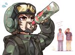 3boys alcohol animification bottle brown_eyes brown_hair drinking drooling facial_hair fish goggles goggles_on_headwear green_headwear green_jacket helmet highres jacket james_may jeremy_clarkson katyusha_(girls_und_panzer) meme microphone mouth_drool multiple_boys real_life richard_hammond saliva_drip sweatdrop the_grand_tour vodka white_background 