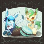  :d :q alopias chocolate closed_mouth clothed_pokemon commentary_request dated food frills glaceon green_eyes leafeon macaron neck_ribbon no_humans open_mouth pokemon pokemon_(creature) ribbon smile sparkle tongue tongue_out watermark 