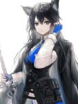  1girl adjusting_hair animal_ear_fluff animal_ears arknights bangs belt belt_pouch black_coat black_hair black_vest blue_gloves blue_necktie brown_eyes closed_mouth coat coat_on_shoulders extra_ears fingerless_gloves gloves highres hirose_(10011) holding holding_sword holding_weapon long_hair long_sleeves looking_at_viewer necktie pouch shirt solo sword texas_(arknights) texas_the_omertosa_(arknights) upper_body very_long_hair vest weapon white_shirt wolf_ears 