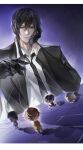  1boy absurdres bai_liu black_gloves black_hair black_jacket black_necktie chair collared_shirt formal gloves hair_between_eyes hand_on_own_cheek hand_on_own_face hand_puppet highres i_became_a_god_in_a_horror_game jacket long_hair long_sleeves moranhuishou878 necktie office_chair puppet puppet_strings shirt solo suit suit_jacket swivel_chair white_shirt 