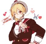  1boy androgynous blonde_hair brown_jacket ensemble_stars! happy_valentine hat headset heart jacket long_sleeves looking_at_viewer male_focus nito_nazuna one_eye_closed red_eyes red_sailor_collar sailor_collar short_hair sketch solo sushi_171 