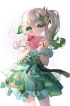  1girl absurdres blush box dress genshin_impact gradient_hair green_eyes green_hair grey_dress grey_hair hair_between_eyes hair_ornament heart-shaped_box highres long_hair looking_at_viewer multicolored_hair nahida_(genshin_impact) peach_(user_vhwx3478) petite pointy_ears side_ponytail smile symbol-shaped_pupils valentine white_hair 